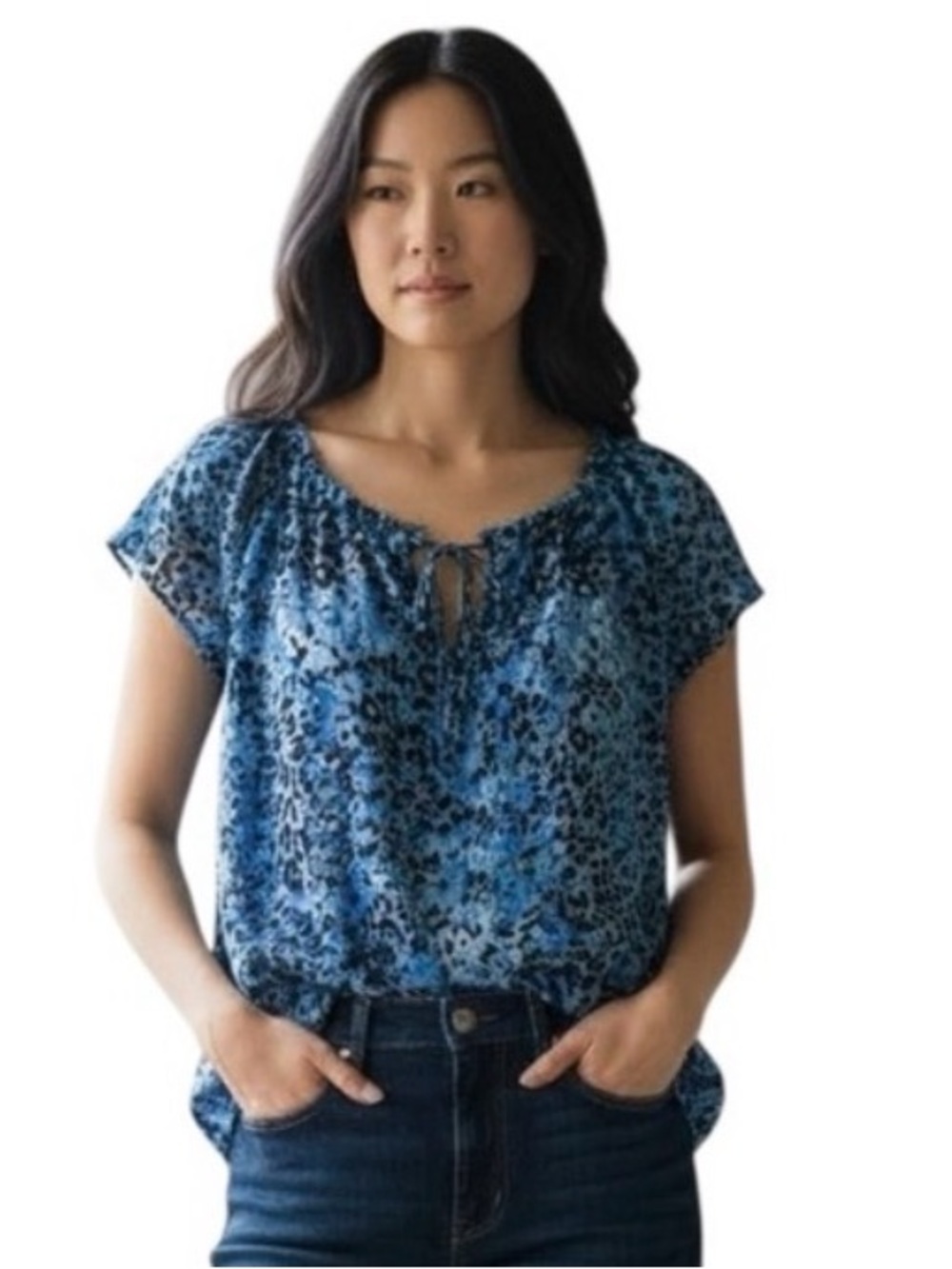 Workshop Republic Clothing Blue with Black Leopard Print Short Sleeve Blouse S